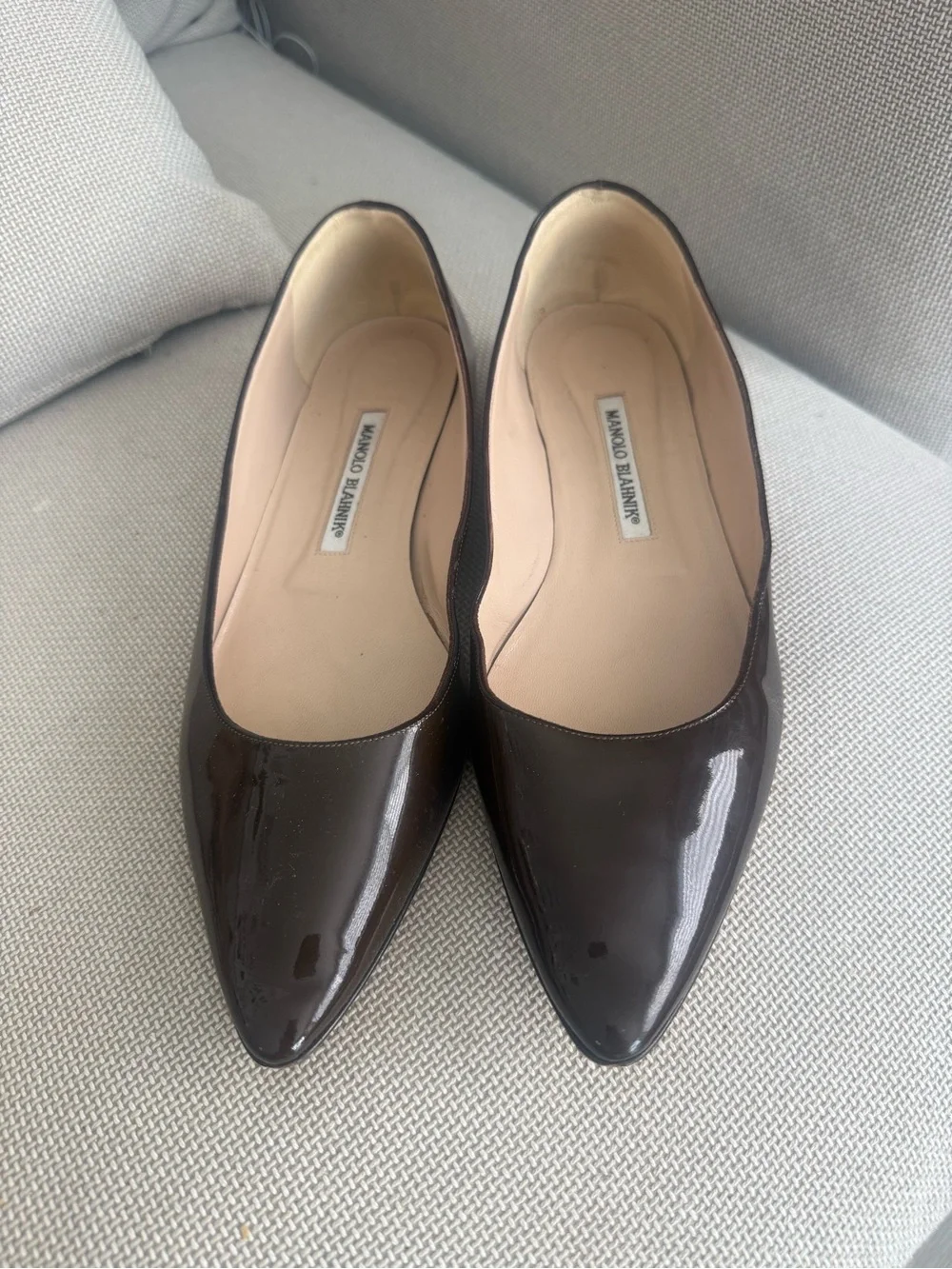 Manolo Blahnik Dark Brown Patent Pointed Toe Flats